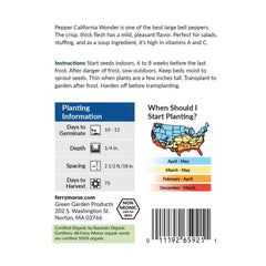 Pepper, California Wonder Organic Seeds, 400mg