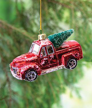Red Truck with Christmas Tree Glass Ornament - Plants Seeds