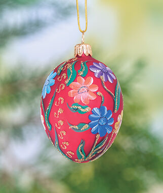 Hand Painted Red Egg With Flowers Glass Blown Ornament